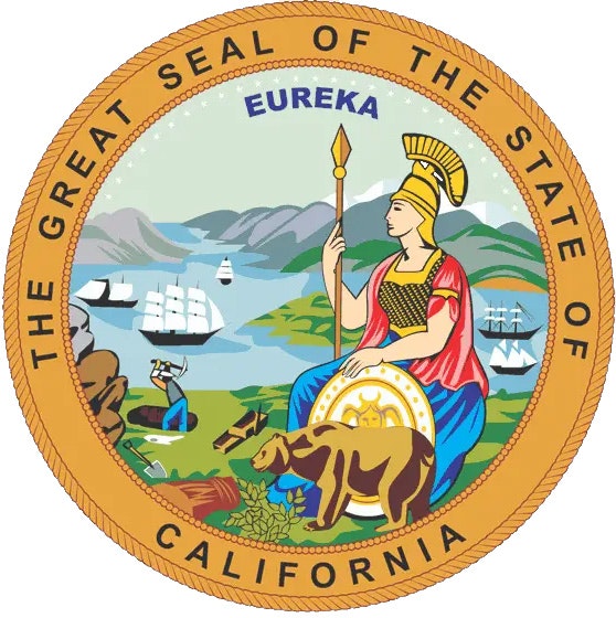 The Great Seal of California features Minerva, a bear, grapes, and ships with the word "Eureka" above.