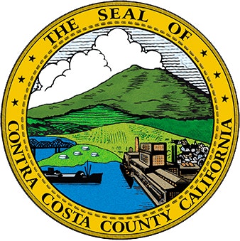 Seal of Contra Costa County, California, featuring mountains, clouds, a boat, and farmland.
