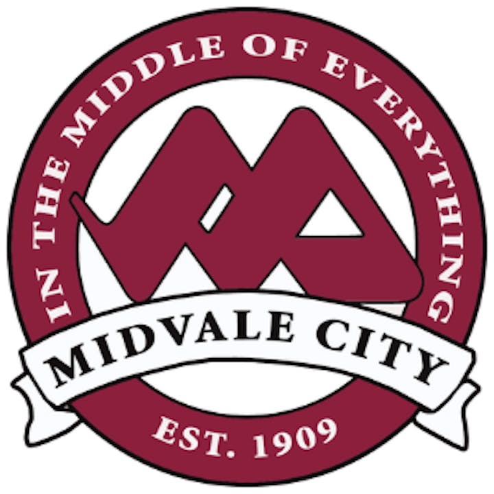 Logo of Midvale City with text "In the Middle of Everything, Midvale City, Est. 1909".