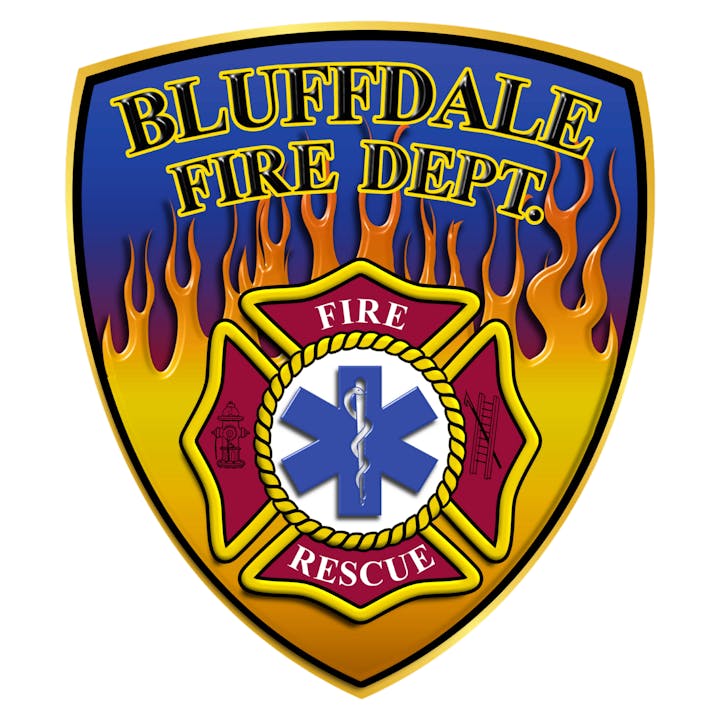 Bluffdale Fire Dept. emblem with flames, medical and firefighting symbols, and "Fire Rescue" text.