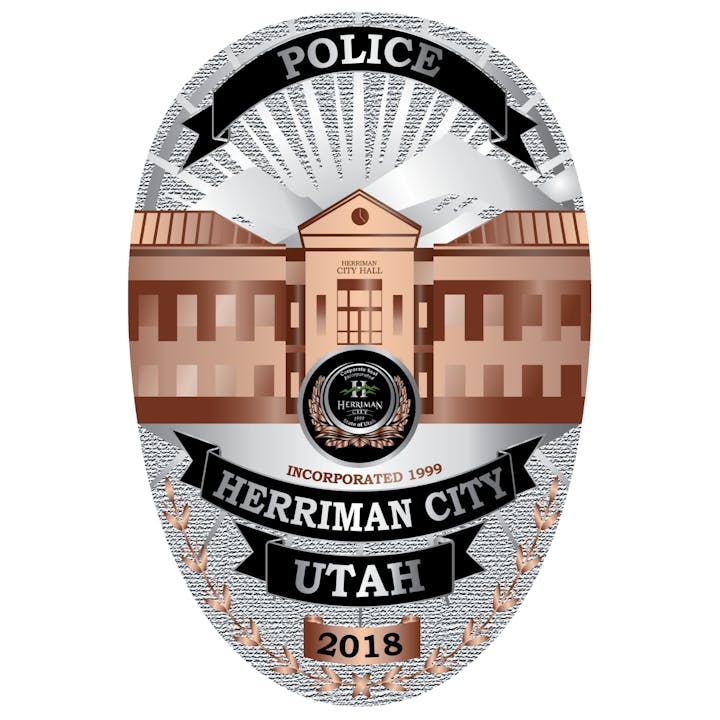 Herriman City Police badge, Utah, featuring City Hall and "Incorporated 1999" with a badge design dated 2018.