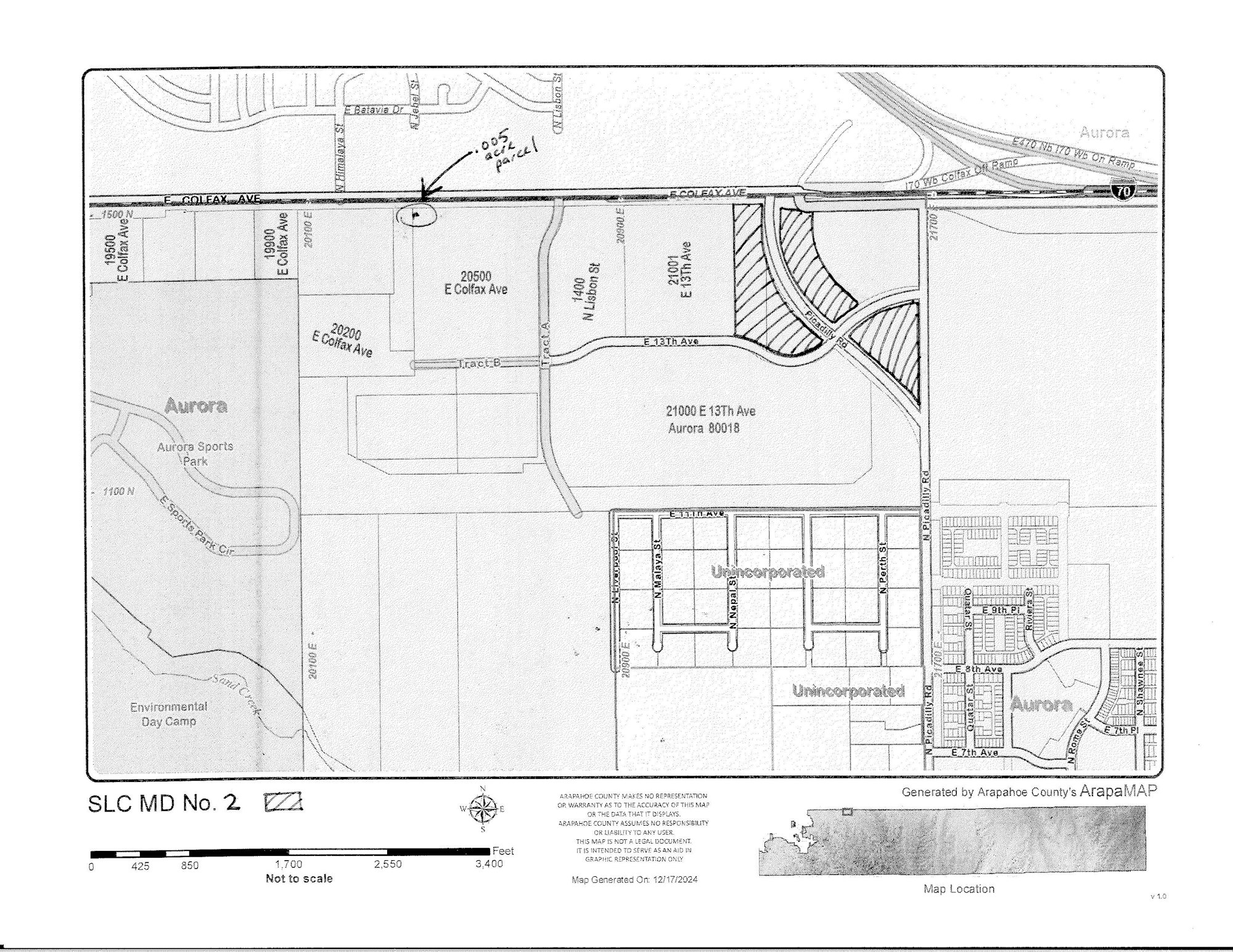 A map showing part of Aurora, focusing on E Colfax Ave and E 13th Ave, with labels for parcels, streets, and specific locations.