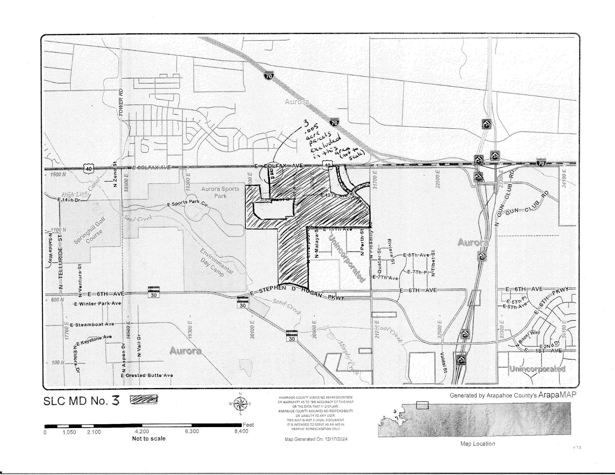 Map of Aurora, Colorado showing roads, parks, and a shaded area indicating 35 acres for development.