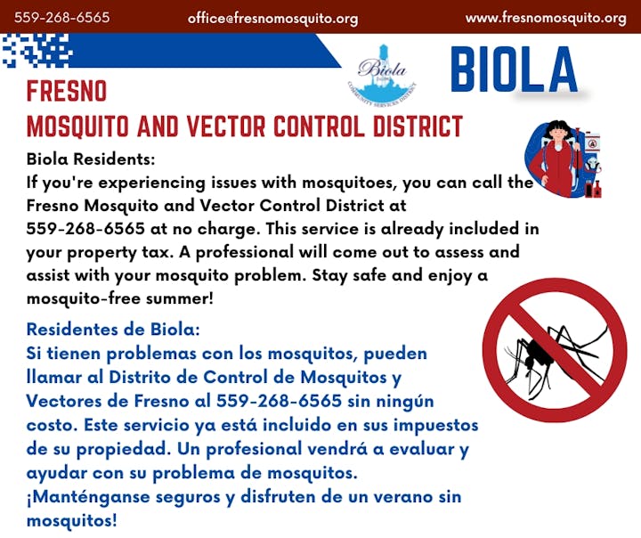 An informational ad for mosquito control services by Fresno Mosquito and Vector Control District, in English and Spanish, with contact details.