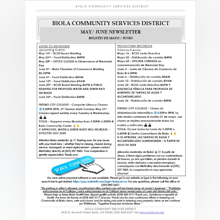 Biola Community Services District May/June newsletter with event dates, computer class info, and a notice about water and sewer rate increases.