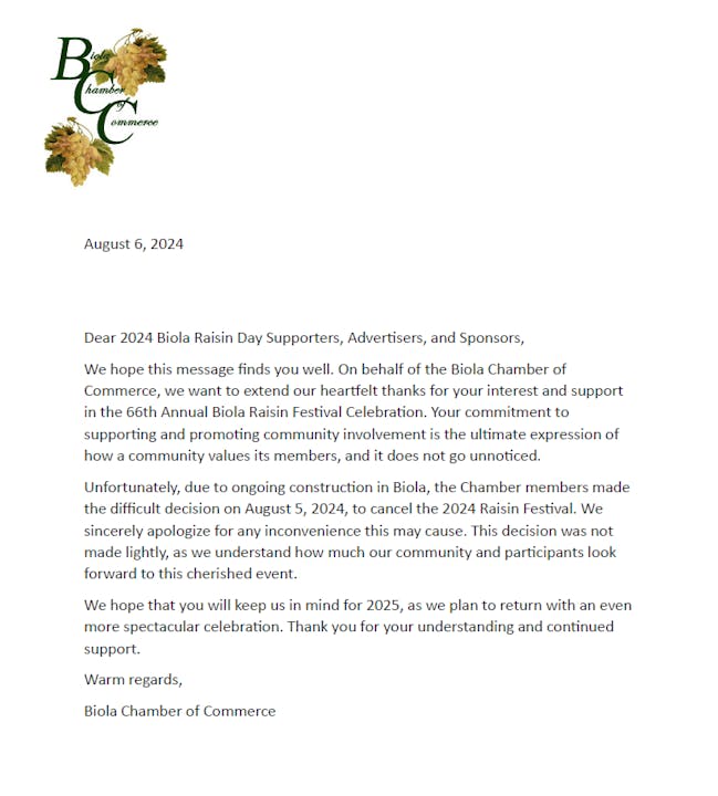 Letter from Biola Chamber of Commerce thanking supporters and announcing the cancellation of the 2024 Raisin Festival due to construction.