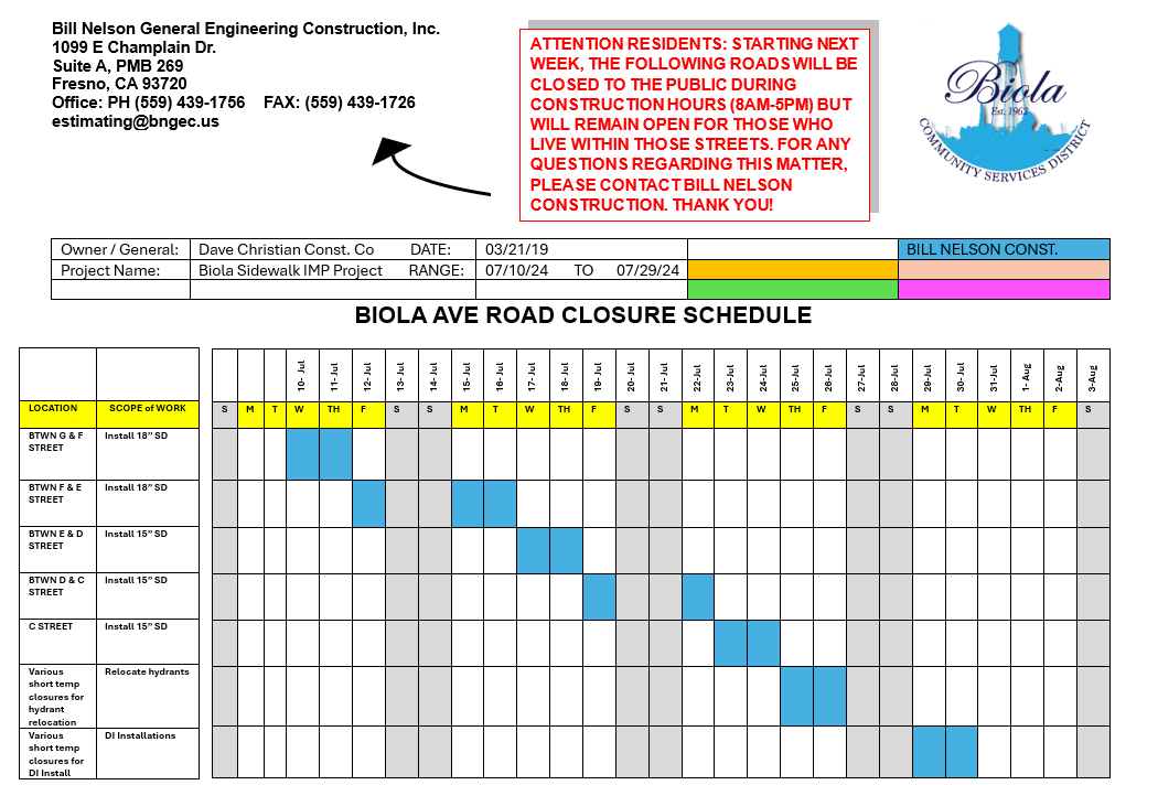 A construction road closure schedule with dates and work scopes listed for different sections.