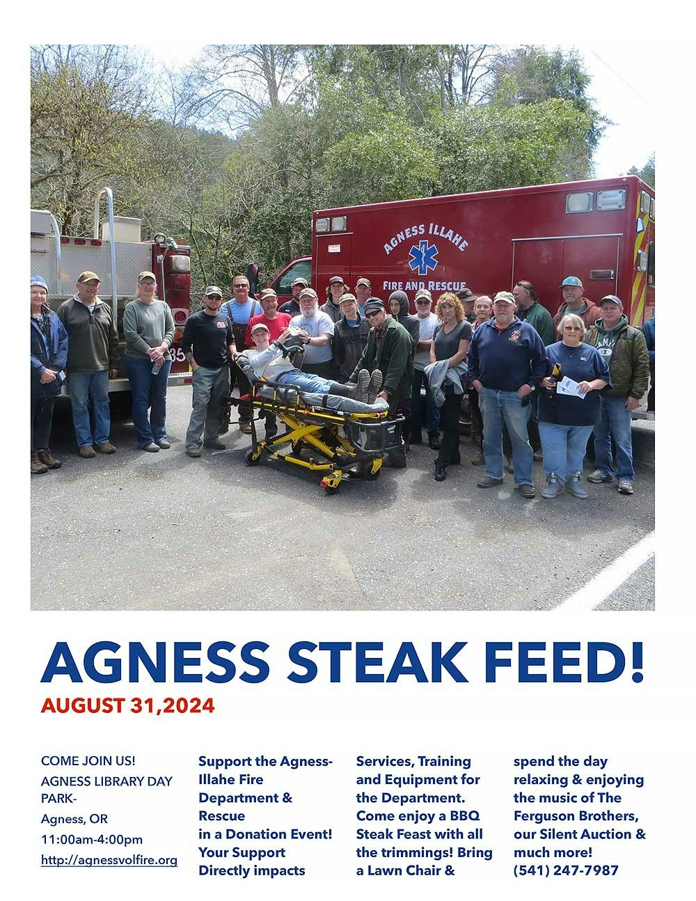A group of people with a fire truck promoting a charity steak feed event.
