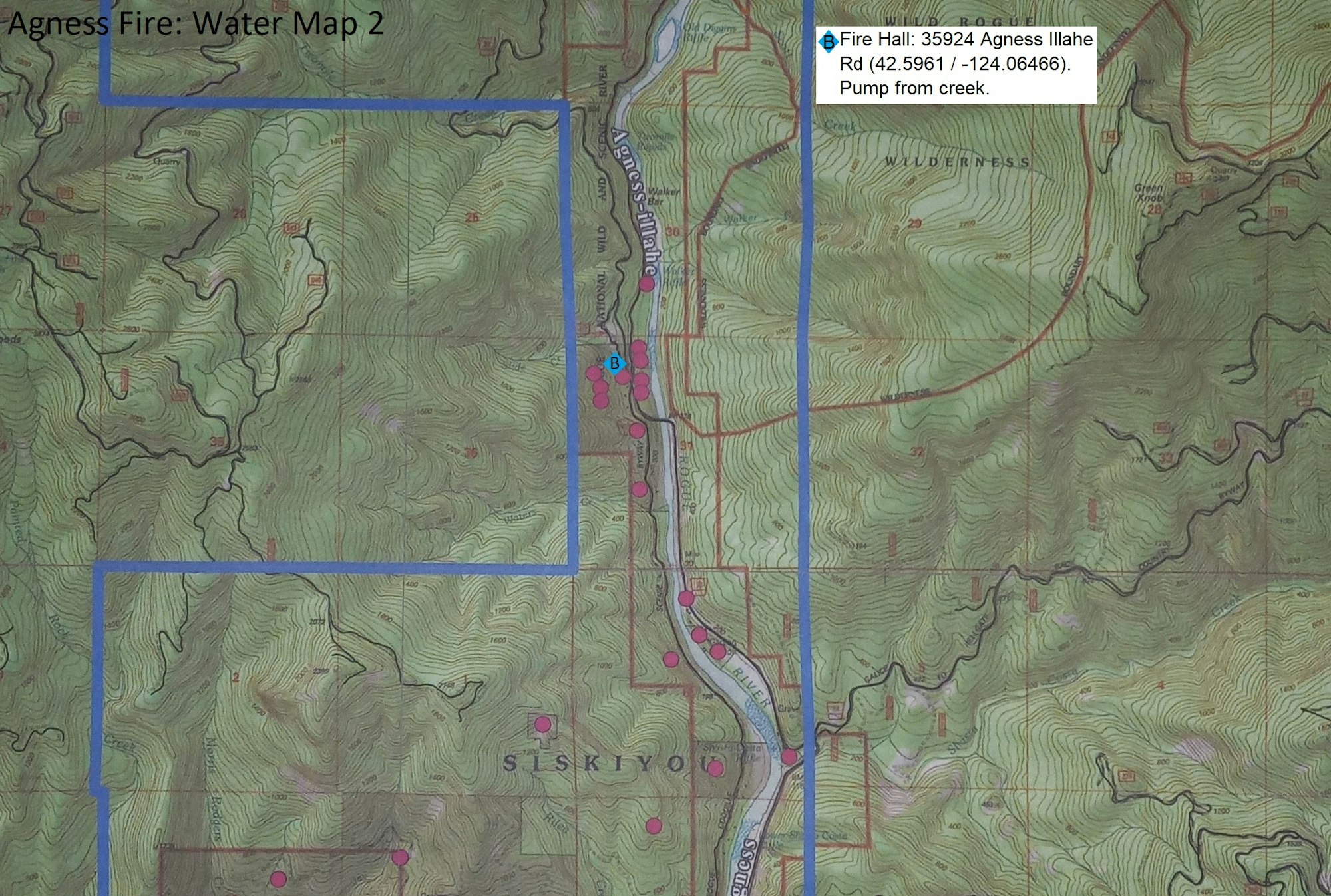 Topographic map showing Agness Fire locations, water sources, roads, and a fire hall's coordinates.