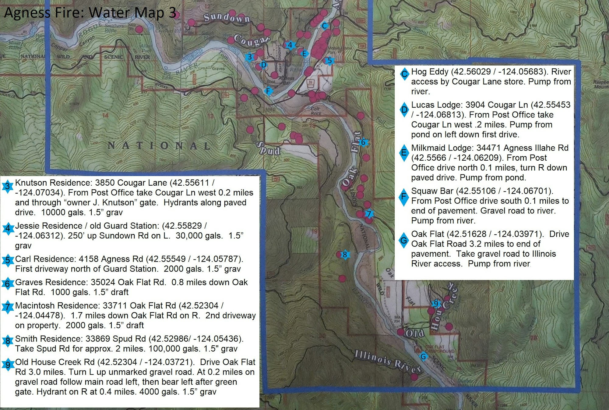 A topographic map marked with water sources and access points, titled "Agness Fire: Water Map 3."