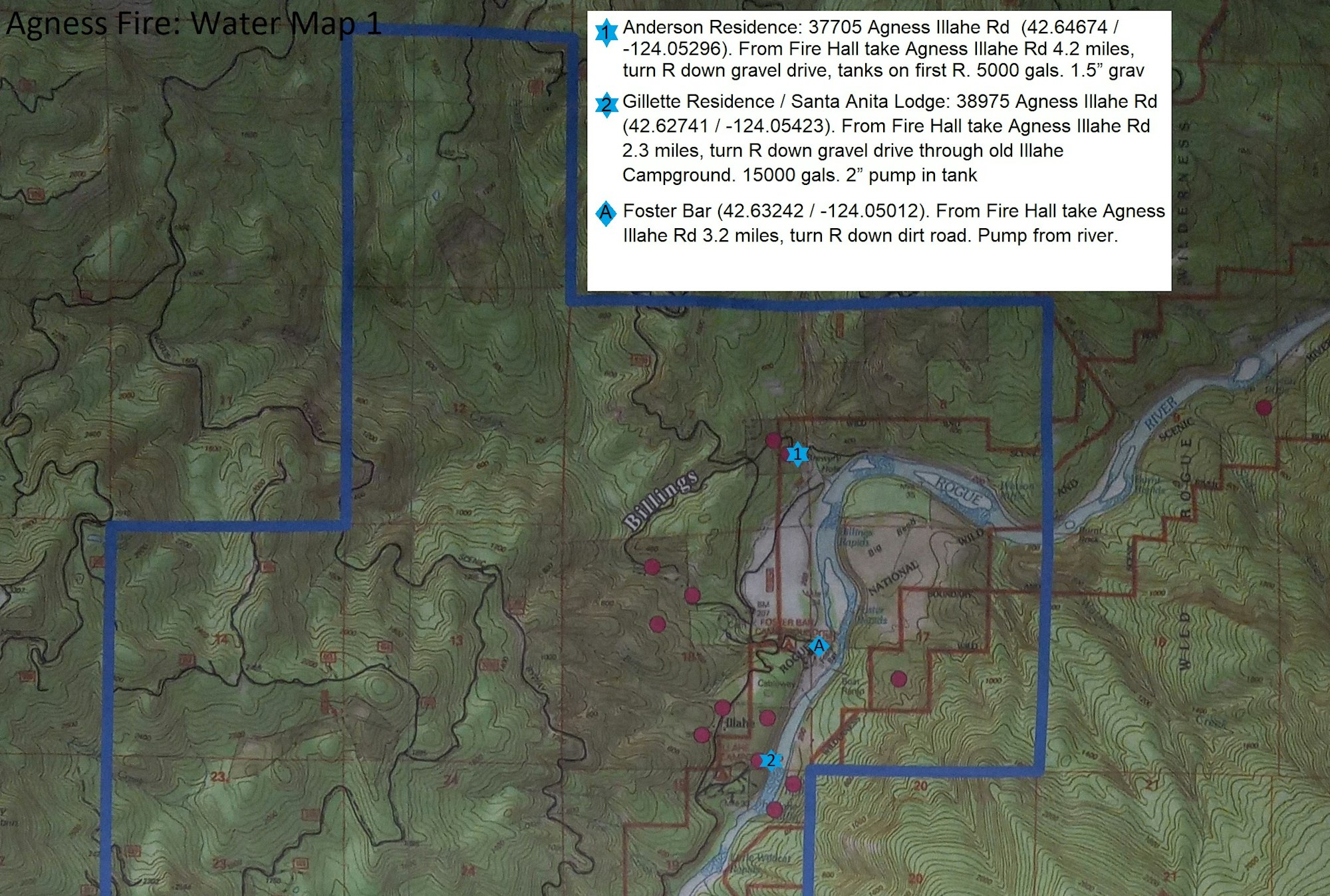 A topographic map marked with water sources and instructions for accessing them, likely for firefighting purposes.