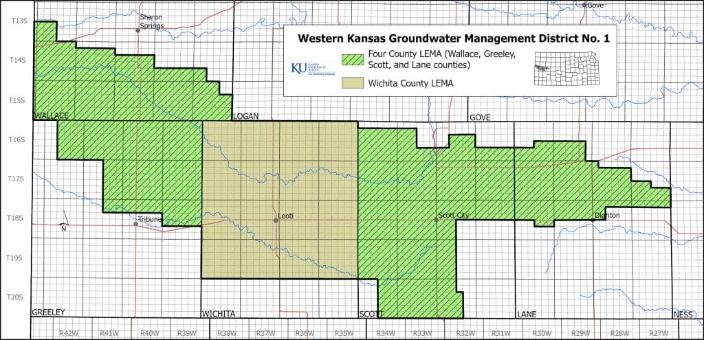 Map of Western Kansas Groundwater Management District No. 1 with marked areas for Four County and Wichita County LEMA.