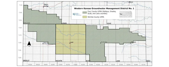 Map of Western Kansas Groundwater Management District No. 1, highlighting counties and groundwater management areas.