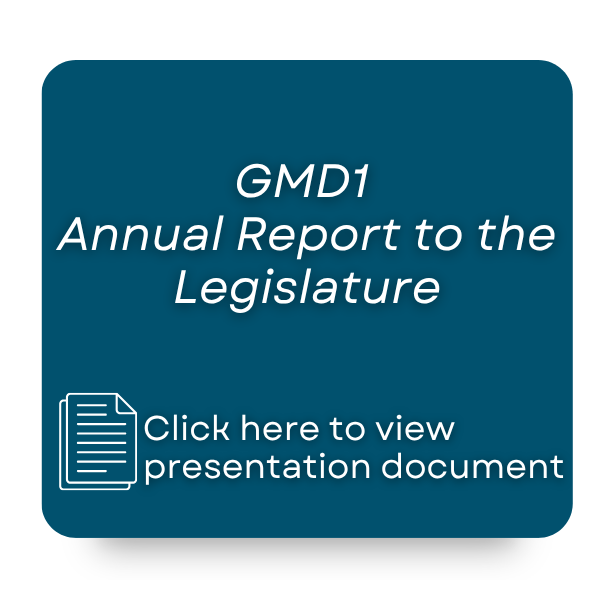 The image features a presentation titled "GMD1 Annual Report to the Legislature" with a clickable link to view the document.