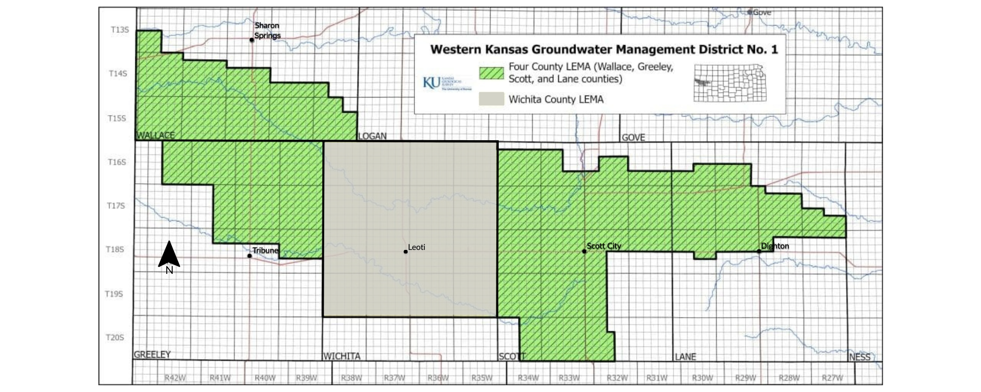 Map of the Western Kansas Groundwater Management District No. 1, highlighting areas in Wallace, Greeley, Scott, and Lane counties.