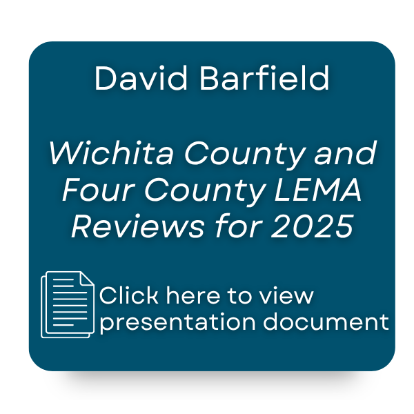 The image features a presentation title by David Barfield on Wichita County and Four County LEMA reviews for 2025, with a link to view it.