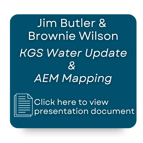 The image features a presentation by Jim Butler and Brownie Wilson on KGS Water updates and AEM Mapping, with a link to view.