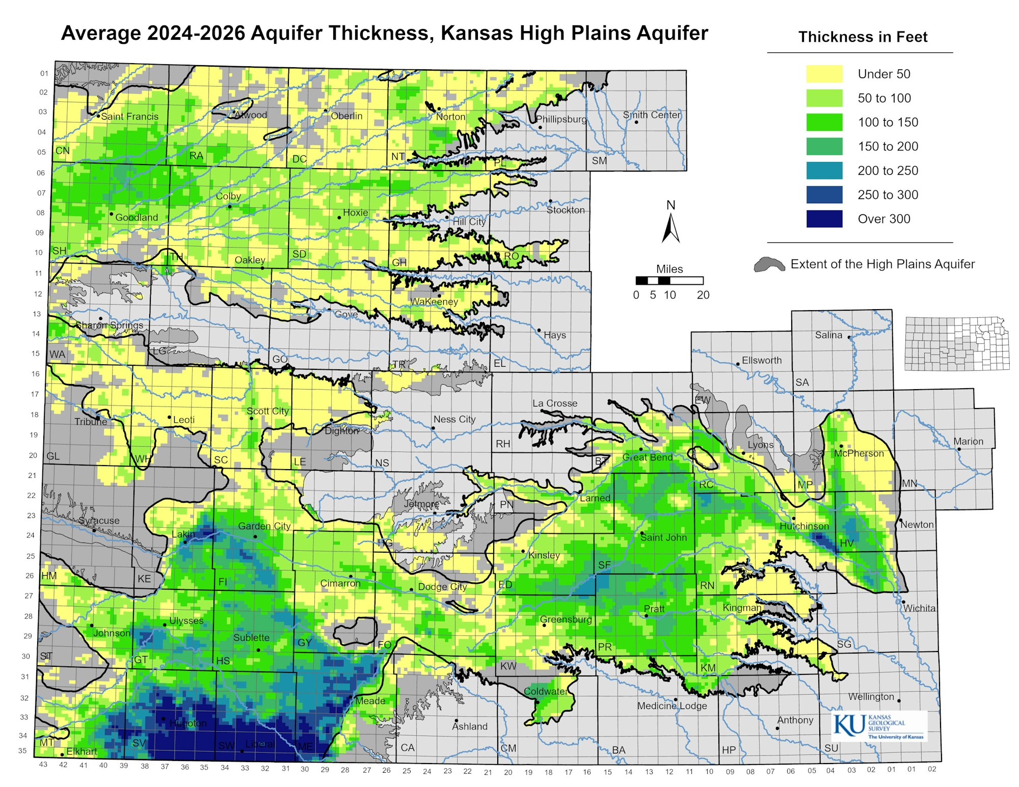 The image depicts a map showing the average thickness of the Kansas High Plains Aquifer from 2024-2026, colored by depth ranges.