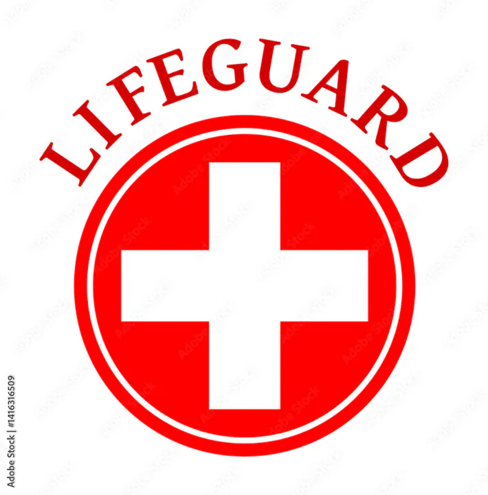 A circular emblem featuring a red cross and the word "LIFEGUARD" in red text above it.