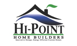 Logo for "Hi-Point Home Builders" with a roof and leaf design, emphasizing innovation and energy efficiency in custom homes.