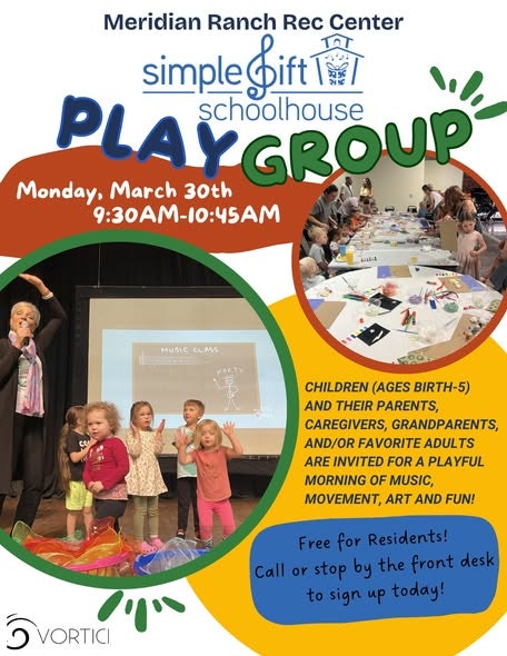 Event flyer for a playgroup at Meridian Ranch Rec Center on March 30, 9:30-10:45 AM, for children and caregivers. Free for residents!