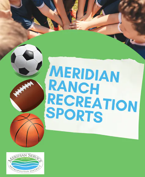 The image features a promotional graphic for Meridian Ranch Recreation Sports, showcasing soccer, football, and basketball.