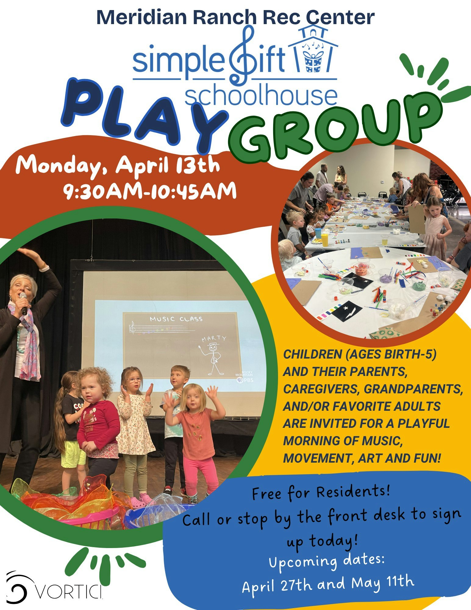 Meridian Ranch Rec Center hosts a free playgroup for ages 0-5 and adults on April 13, 9:30-10:45 AM. Sign up today!