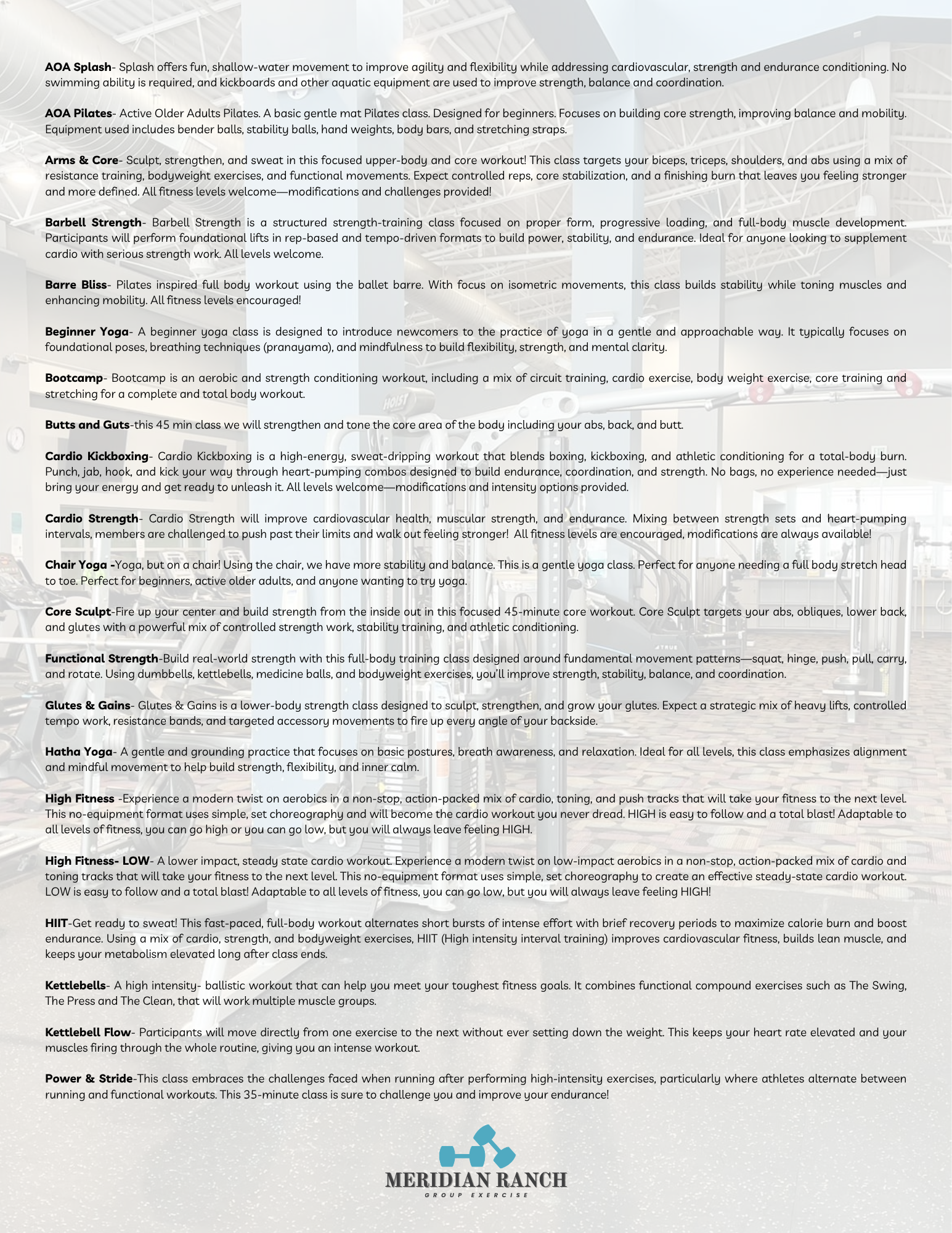 The image features a fitness class schedule with descriptions of various workouts, including AOA Splash, Pilates, Bootcamp, and more.