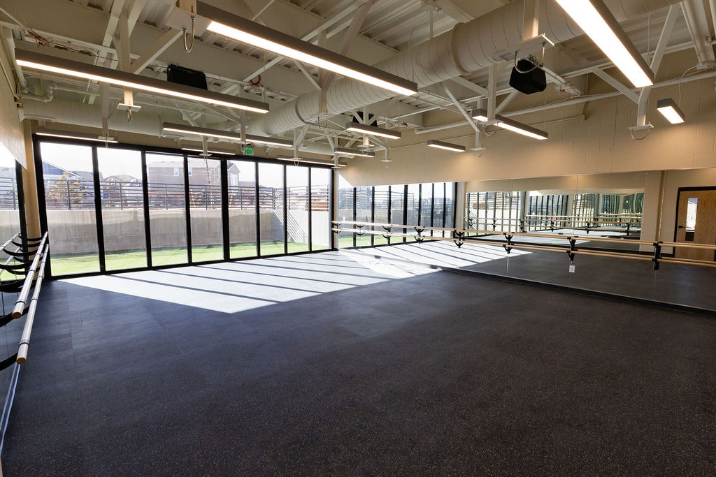 A spacious, well-lit dance studio featuring mirrors, barre, and large windows for natural light.