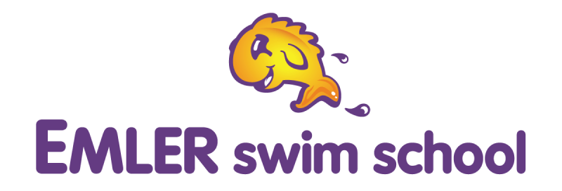 A cartoon fish and the text "EMLER swim school" against a green background.