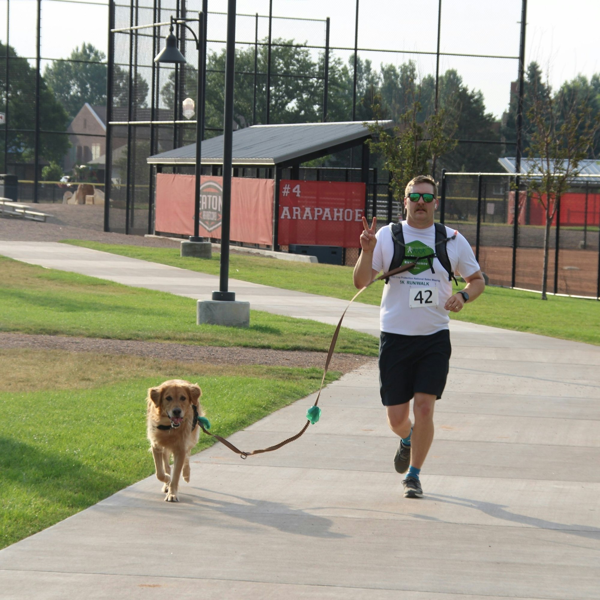 A man runs with a golden retriever during a race, wearing sunglasses and peace sign, in a park setting.