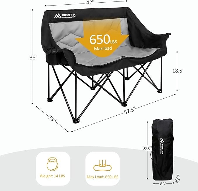 Folding loveseat with 650 lbs max load, dimensions: 57.5"x23"x38". Includes carrying bag, weighs 14 lbs.