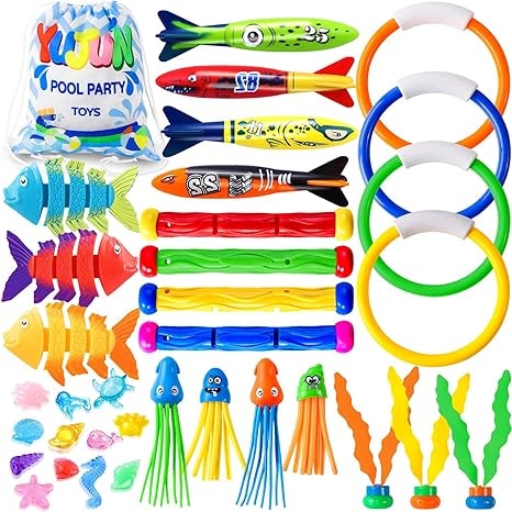 Colorful pool toys including diving rings, fish, torpedoes, and diving sticks with a storage bag labeled "YIJUN POOL PARTY TOYS".