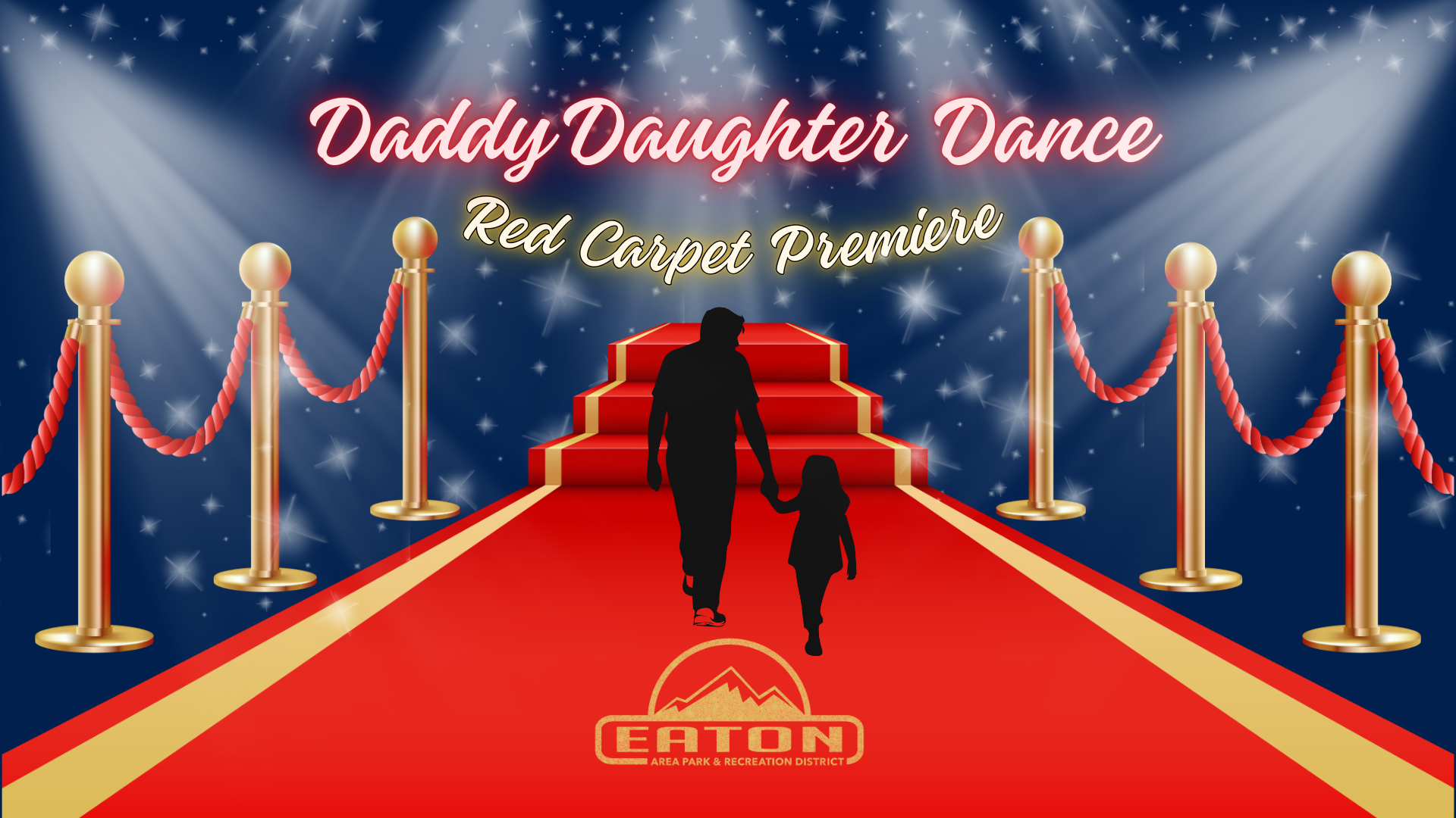 A graphic for a "Daddy Daughter Dance" featuring a red carpet theme, with silhouettes of a dad and daughter.