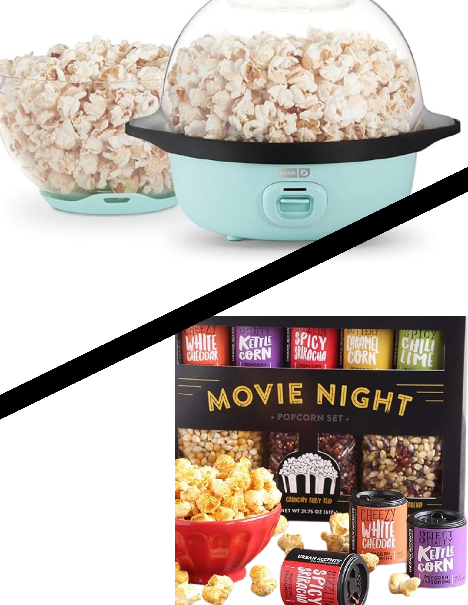 Popcorn maker with popcorn and a "Movie Night" popcorn set with seasonings and kernels.
