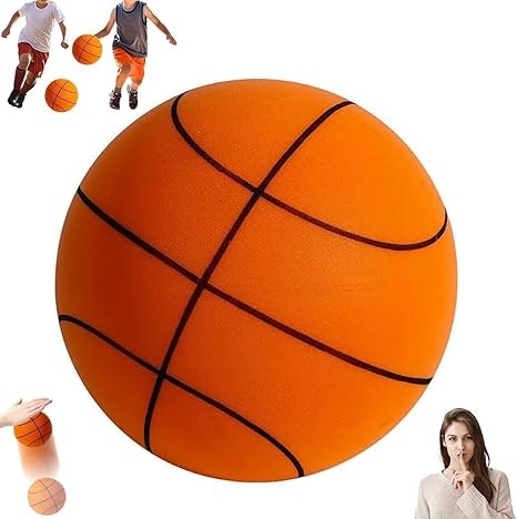 Large orange basketball with smaller images of people playing and interacting with basketballs.