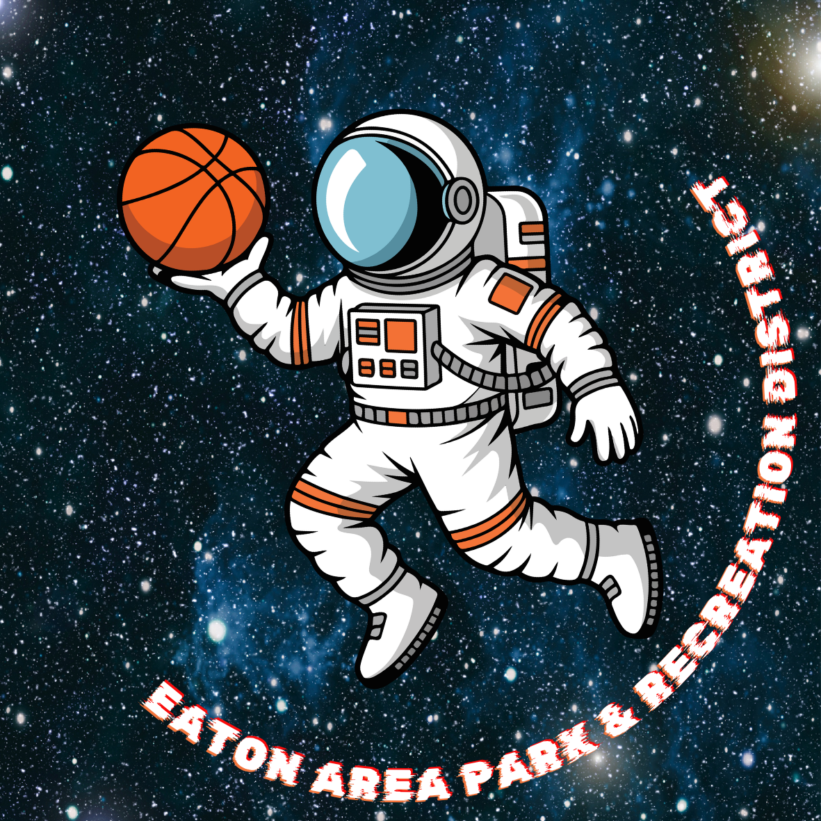 An astronaut dribbles a basketball in outer space, featuring the text "Eaton Area Park & Recreation District."