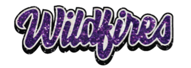 The image shows the word "Wildfires" written in a shiny purple script with a decorative outline.