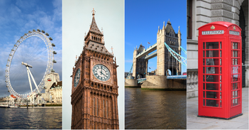 The image features iconic London landmarks: the London Eye, Big Ben, Tower Bridge, and a red telephone box.