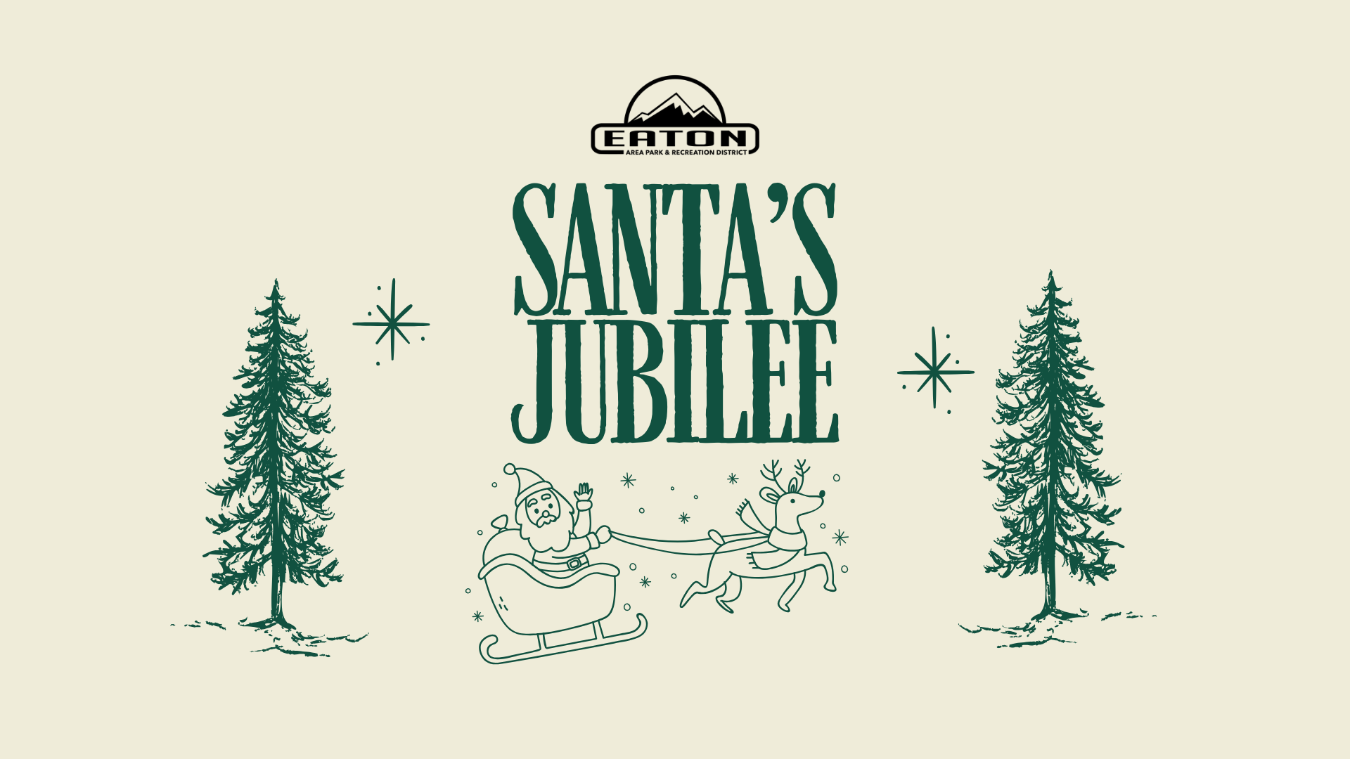 Christmas scene with Santa in a sleigh pulled by a reindeer, trees, stars, and "Santa's Jubilee" text.