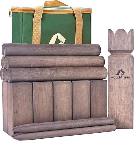 Wooden Kubb game set with a carrying bag, including blocks and a king piece.