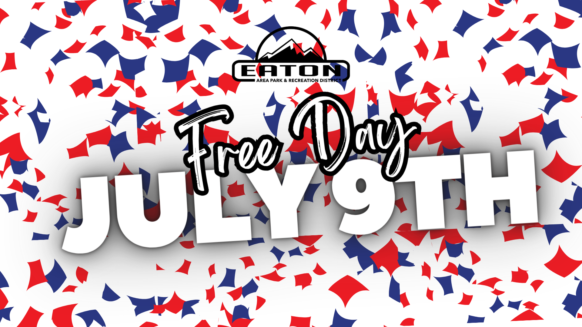 A graphic with text "July 9th Free Day" and a logo, surrounded by a flurry of red, blue, and white shapes.