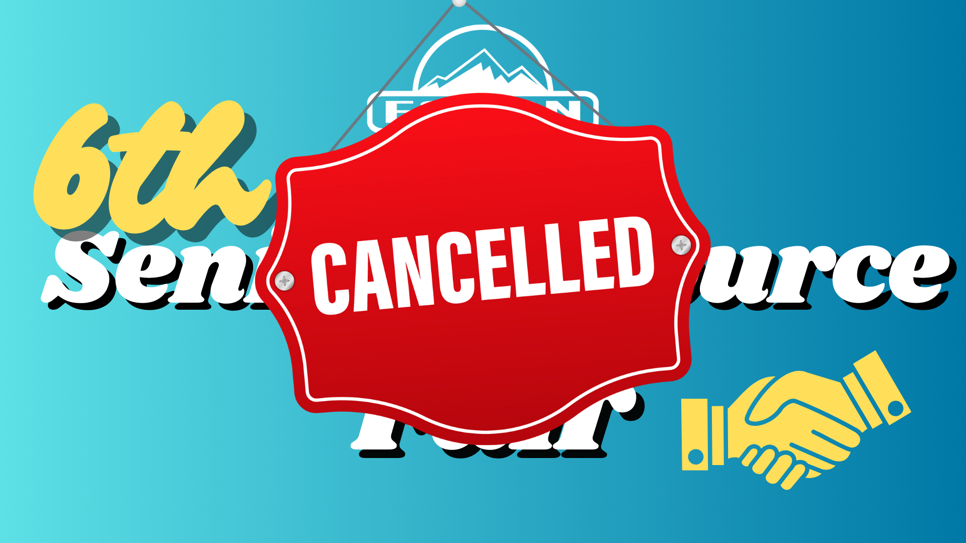 "6th Senior Source Tour" with a red "CANCELLED" sign and handshake icon on a blue background.