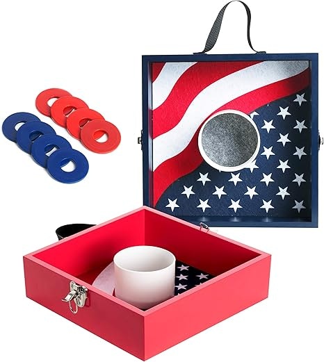 Patriotic-themed tabletop washer toss game with red and blue washers and an American flag design.