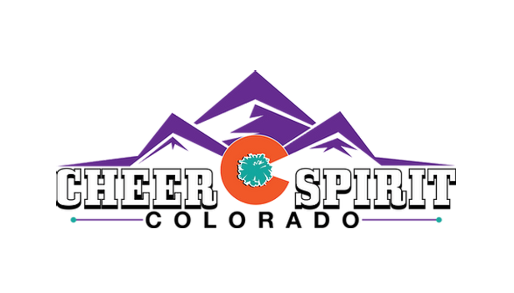 Logo with purple mountains, orange circle, pom-pom, and "CHEER SPIRIT COLORADO" text.
