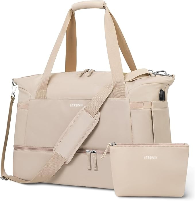 Beige duffel bag with matching pouch, featuring straps and zippers.