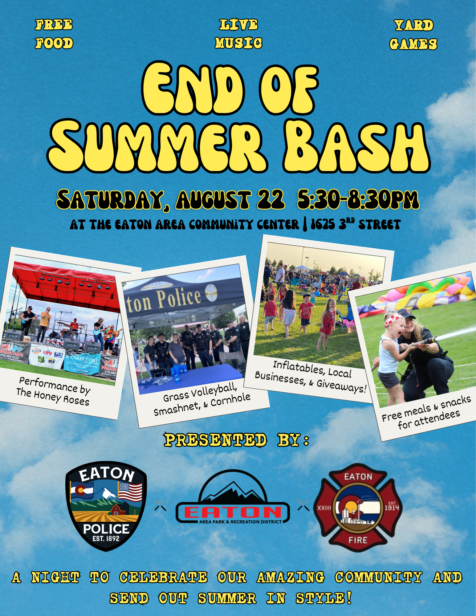 "Join the End of Summer Bash on Aug 22, 5:30-8:30 PM at Eaton Community Center! Free food, live music, yard games & more!"