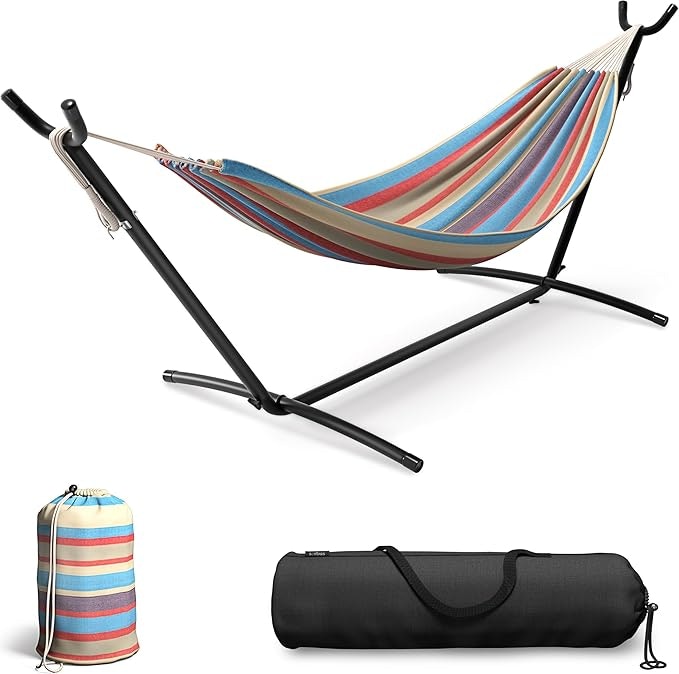 Striped hammock on a stand with a carrying bag and storage pouch.