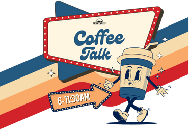 An animated coffee cup character pointing at a "Coffee Talk" sign with time details, against a striped background with stars.