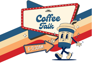 An animated coffee cup character pointing at a "Coffee Talk" sign with time details, against a striped background with stars.